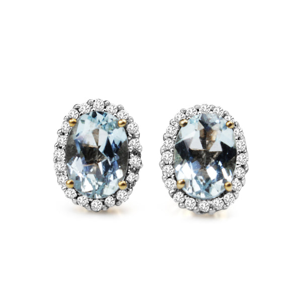 9ct Yellow and White Gold Aquamarine and Diamond Halo Earrings