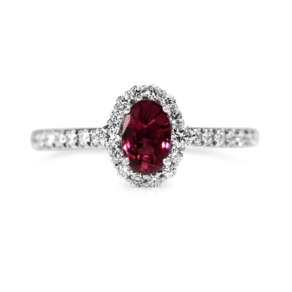 18ct White Gold Ruby and Diamond Halo Ring