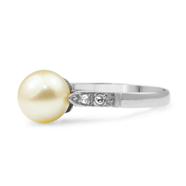 Platinum Cultured Pearl and Single Cut Diamond Ring