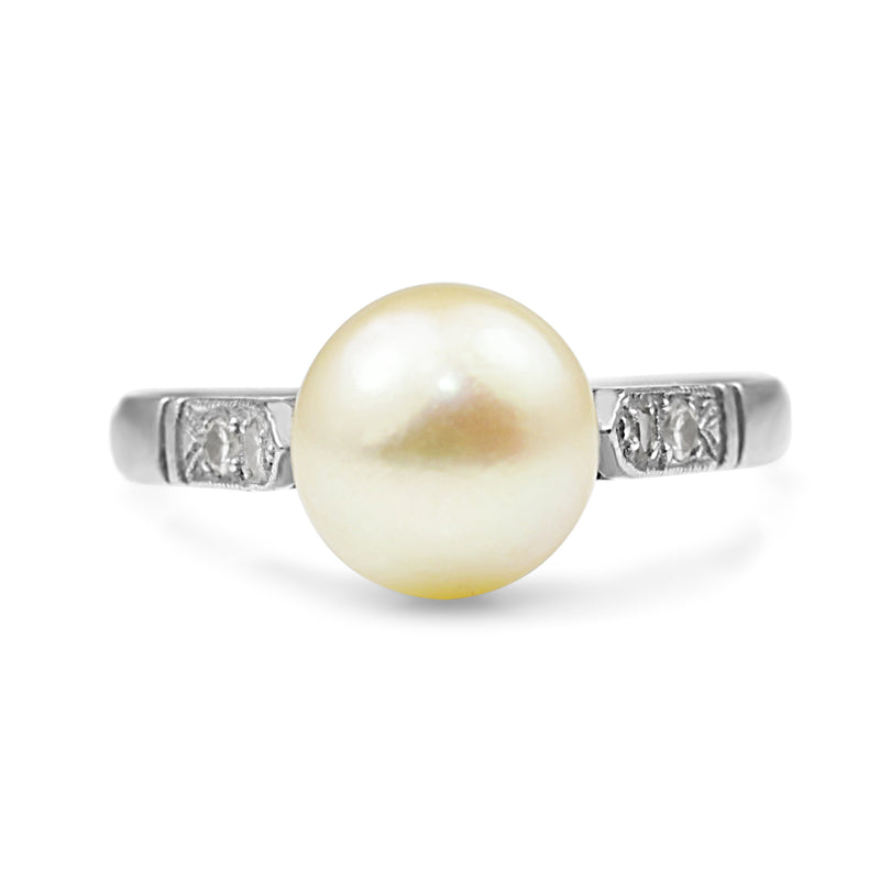 Platinum Cultured Pearl and Single Cut Diamond Ring