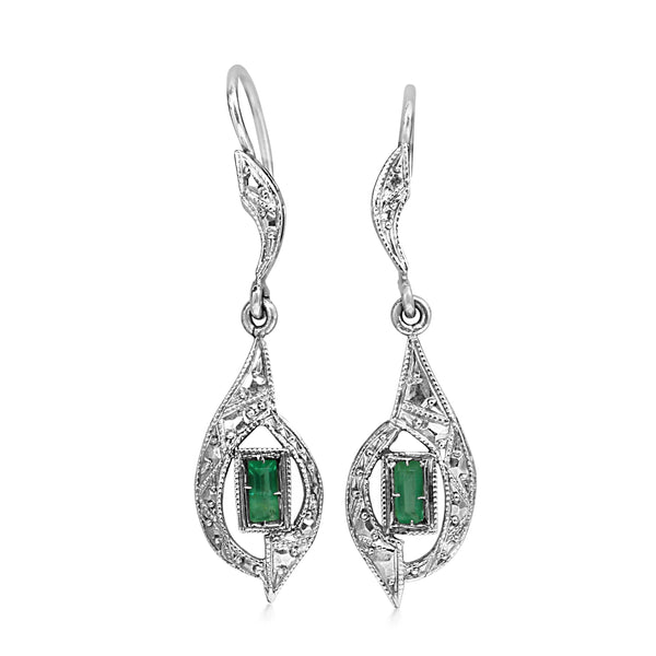 18ct White Gold Art Deco Emerald Earrings