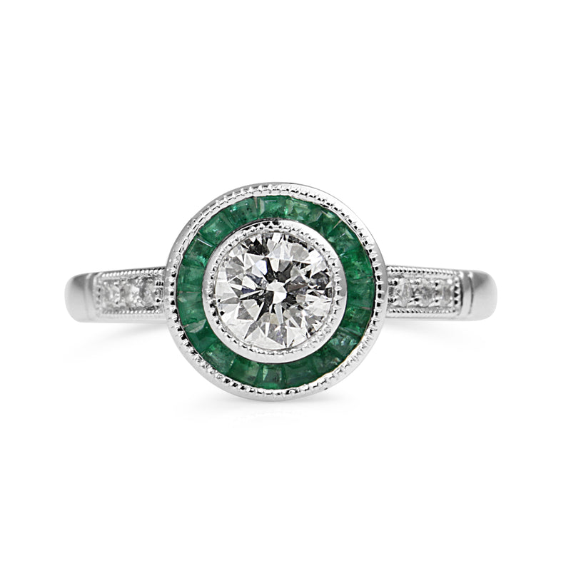 Platinum Art Deco Style Emerald and Diamond Halo Ring