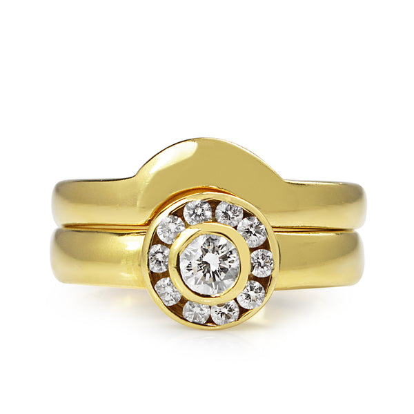 18ct Yellow Gold Diamond Halo Ring With Matching Wedding Band - Ring Set