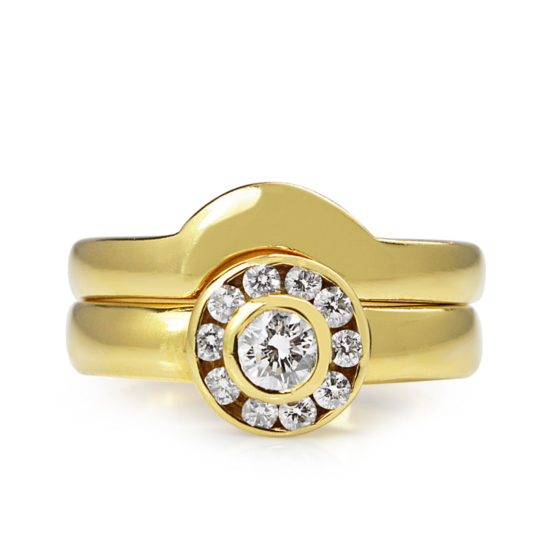 18ct Yellow Gold Diamond Halo Ring With Matching Wedding Band - Ring Set