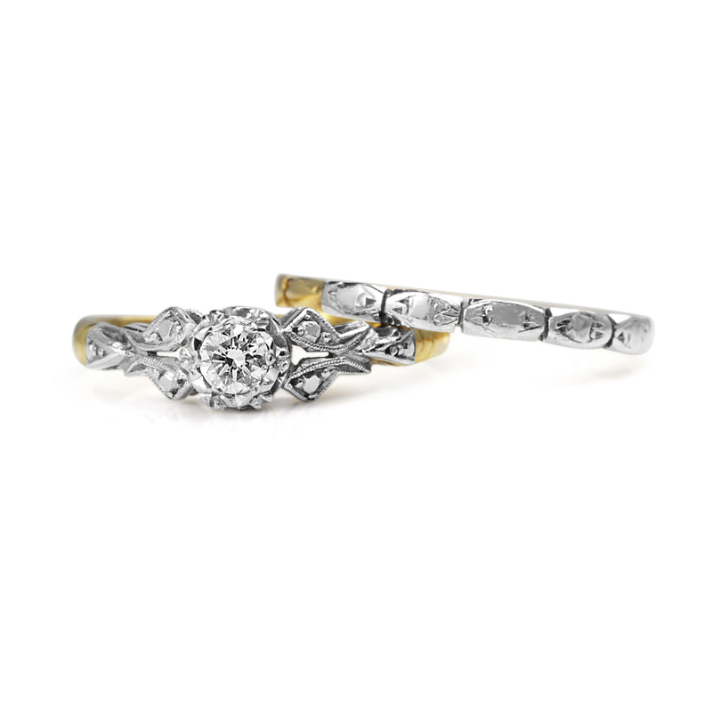 18ct Yellow and White Gold Vintage Diamond Solitaire Ring With Matching Band - Ring Set
