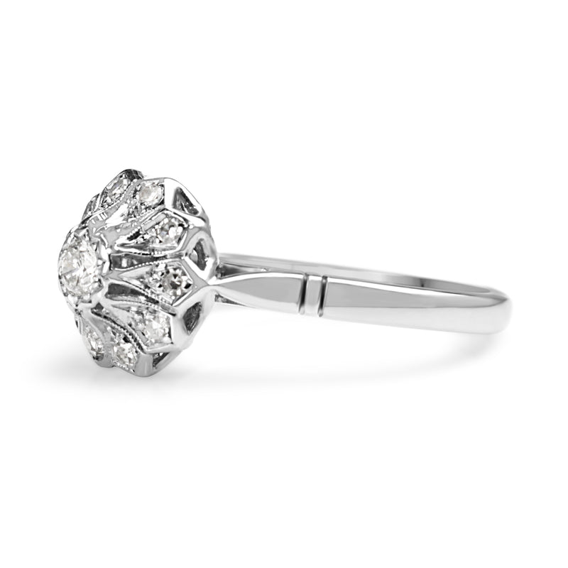 18ct White Gold and Platinum Deco Diamond Flower Ring