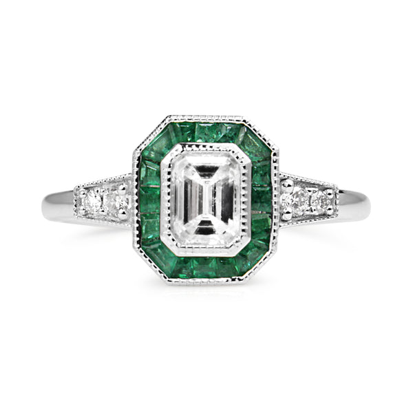 Platinum Deco Style Emerald and Diamond Ring
