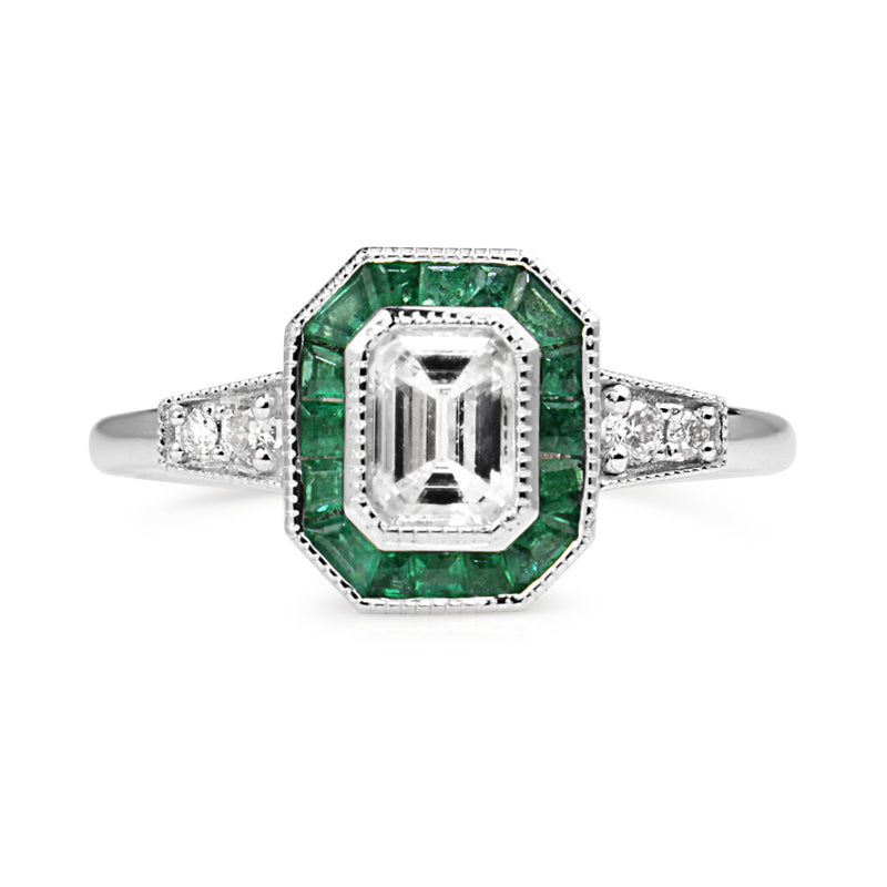 Platinum Deco Style Emerald and Diamond Ring