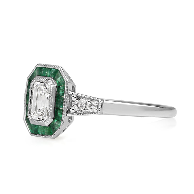 Platinum Deco Style Emerald and Diamond Ring