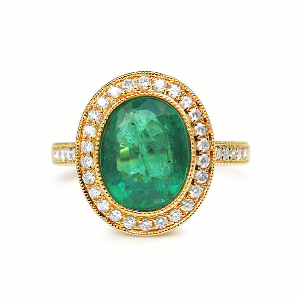 18ct Yellow Gold Emerald and Diamond Halo Ring