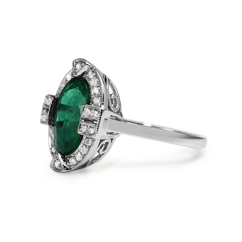 18ct White Gold Art Deco Style Emerald and Diamond Halo Ring