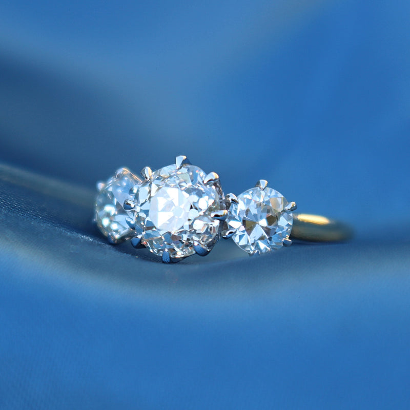 18ct Yellow and White Gold Victorian Style Old Cut Diamond 3 Stone Ring