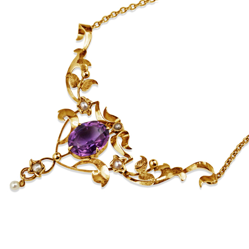9ct Yellow Gold Amethyst and Pearl Antique Necklace