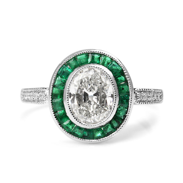 Platinum Art Deco Style Emerald and Old Cut Oval Diamond Ring