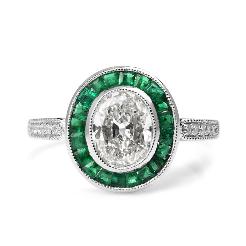 Platinum Art Deco Style Emerald and Old Cut Oval Diamond Ring