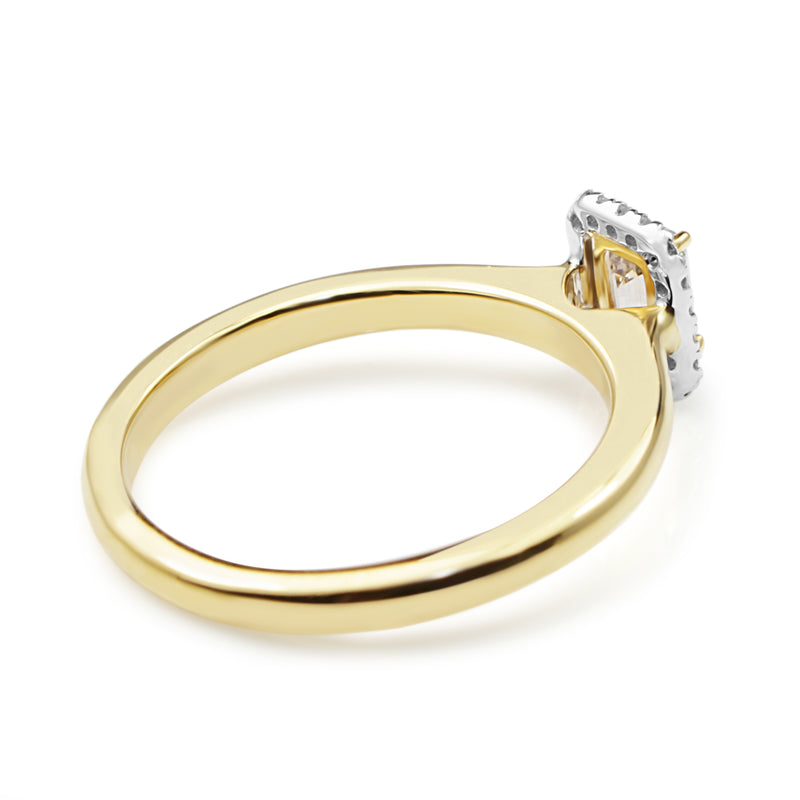 18ct Yellow and White Gold Emerald Cut Champagne Argyle Diamond Halo Ring