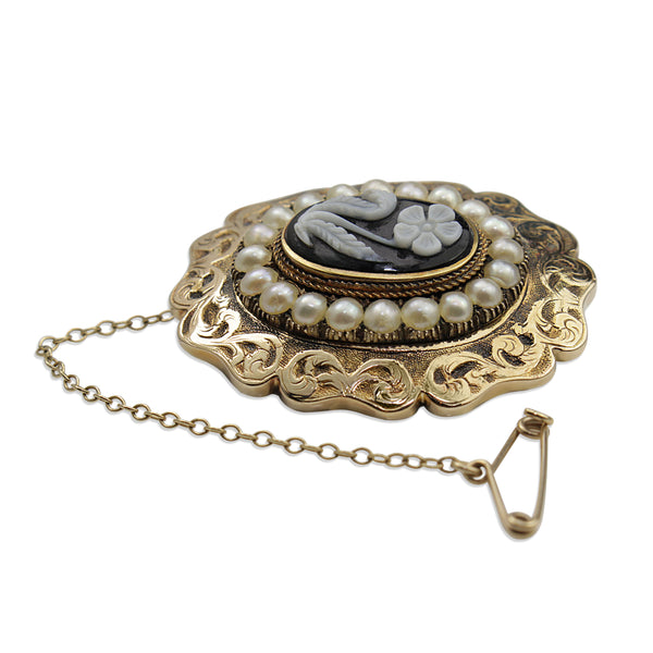 9ct Antique Agate Cameo and Pearl Mourning Brooch
