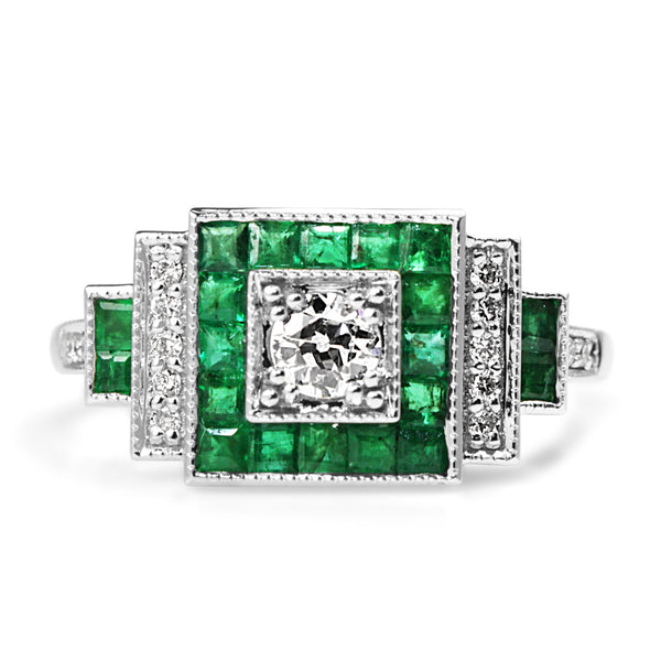 18ct White Gold Emerald and Diamond Deco Style Old Cut Diamond Ring
