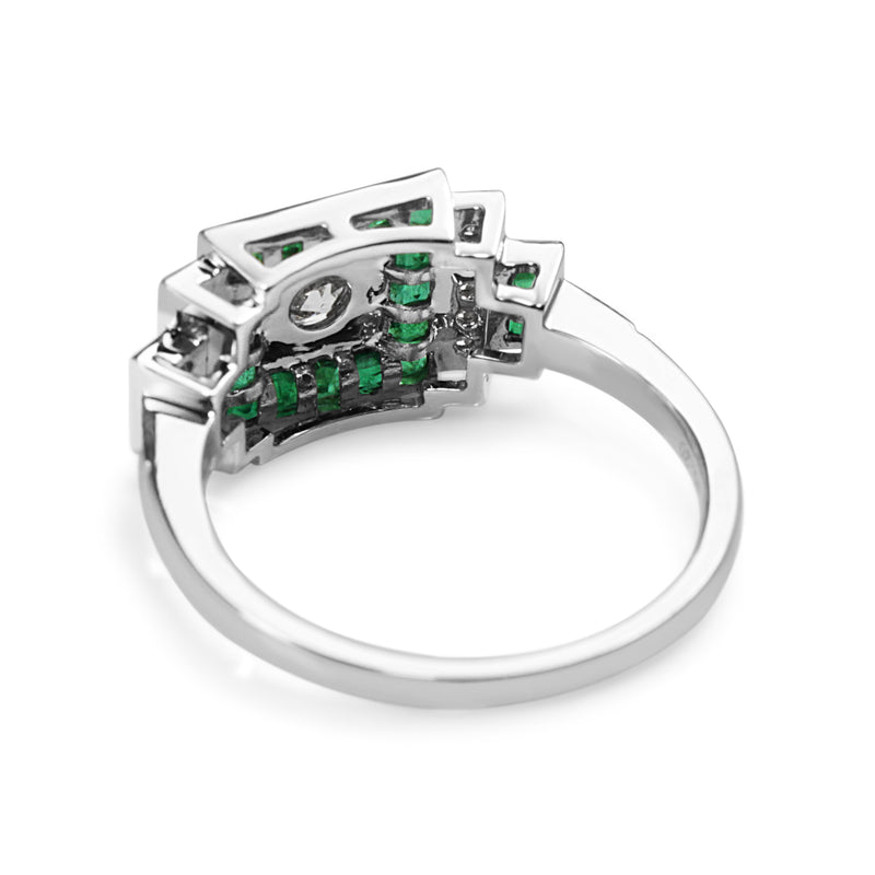 18ct White Gold Emerald and Diamond Deco Style Old Cut Diamond Ring