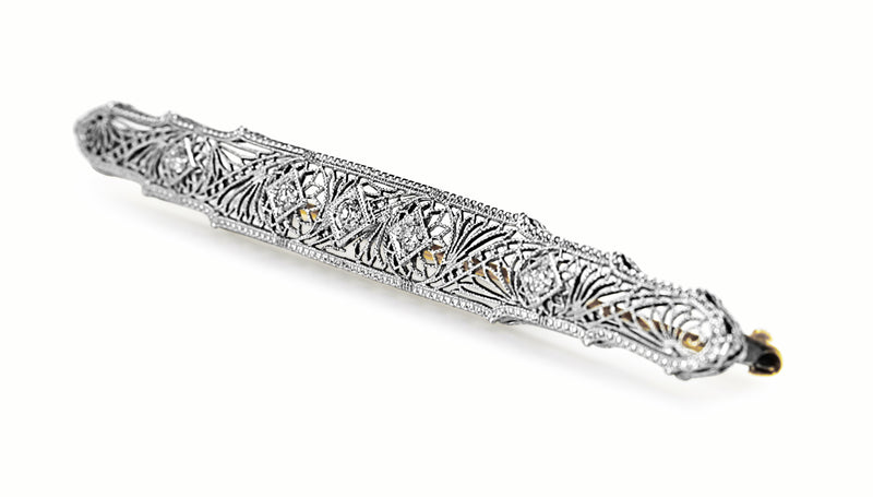14ct Yellow and White Gold Filigree Art Deco Old Cut Diamond Brooch