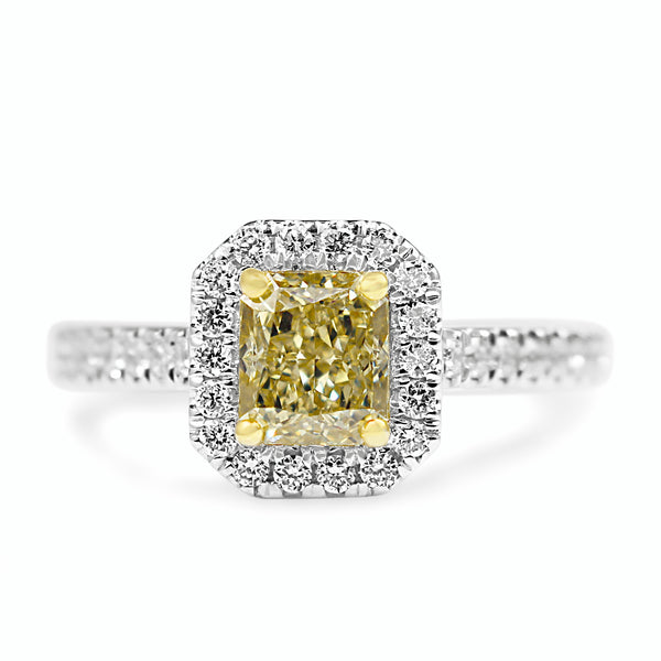 18ct Yellow and White Gold Yellow Radiant Diamond Halo Ring