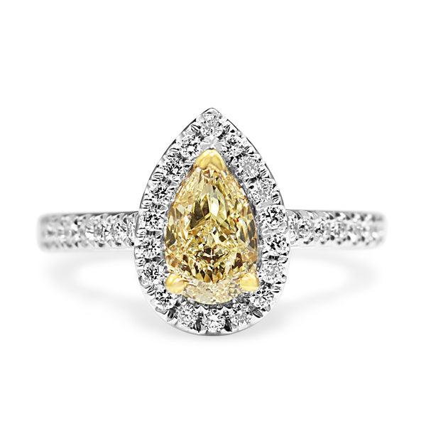 18ct Yellow and White Gold Yellow Pear Halo Ring
