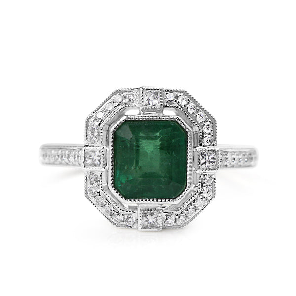 18ct White Gold Emerald and Diamond Deco Style Halo Ring
