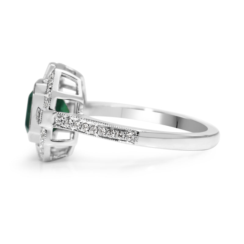 18ct White Gold Emerald and Diamond Deco Style Halo Ring