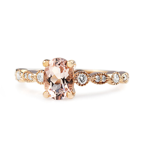 9ct Rose Gold Vintage Style Morganite and Diamond Solitaire Ring