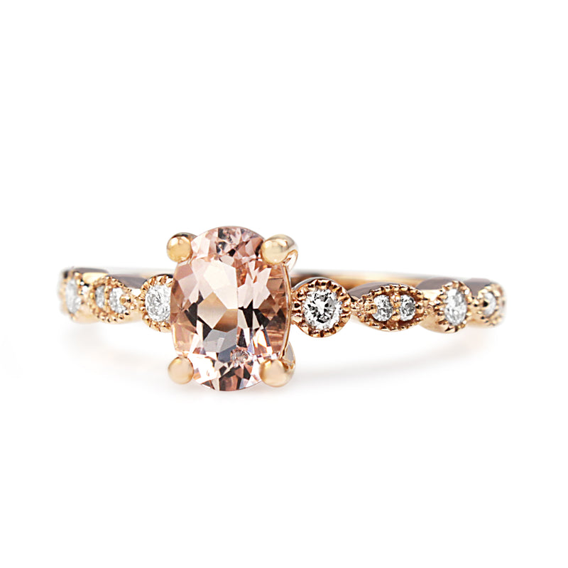 9ct Rose Gold Vintage Style Morganite and Diamond Solitaire Ring