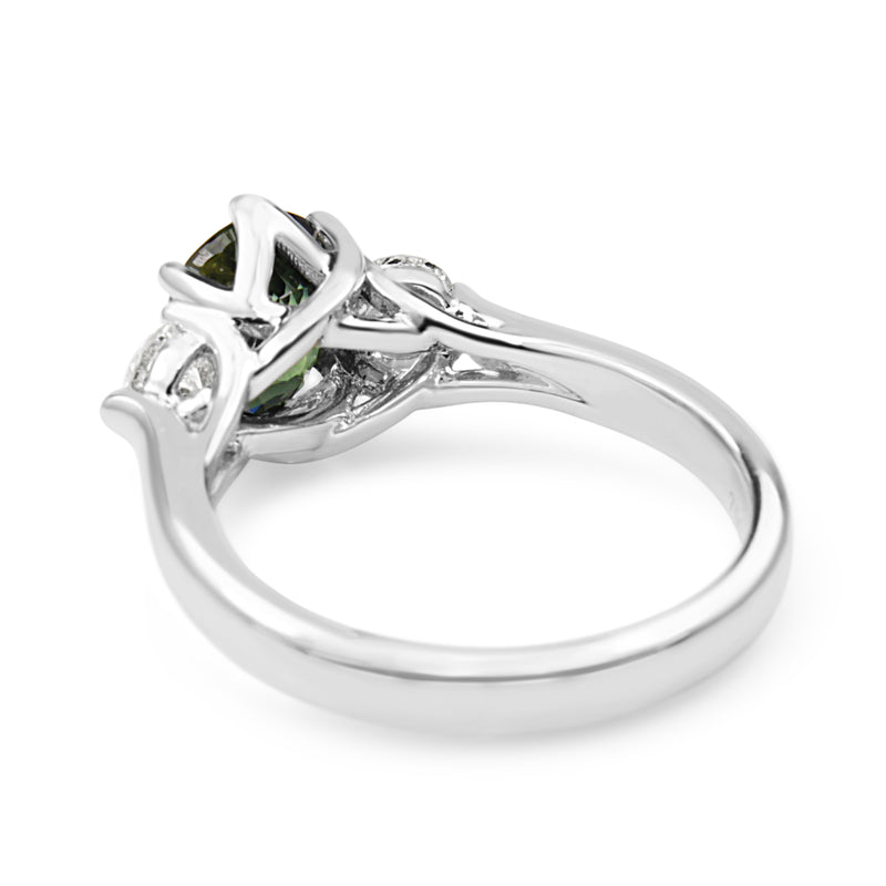 18ct White Gold 3 Stone Green Sapphire and Diamond Ring