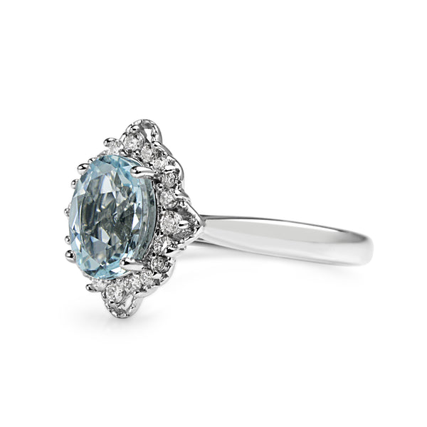 9ct White Gold Aquamarine and Diamond Vintage Style Halo Ring