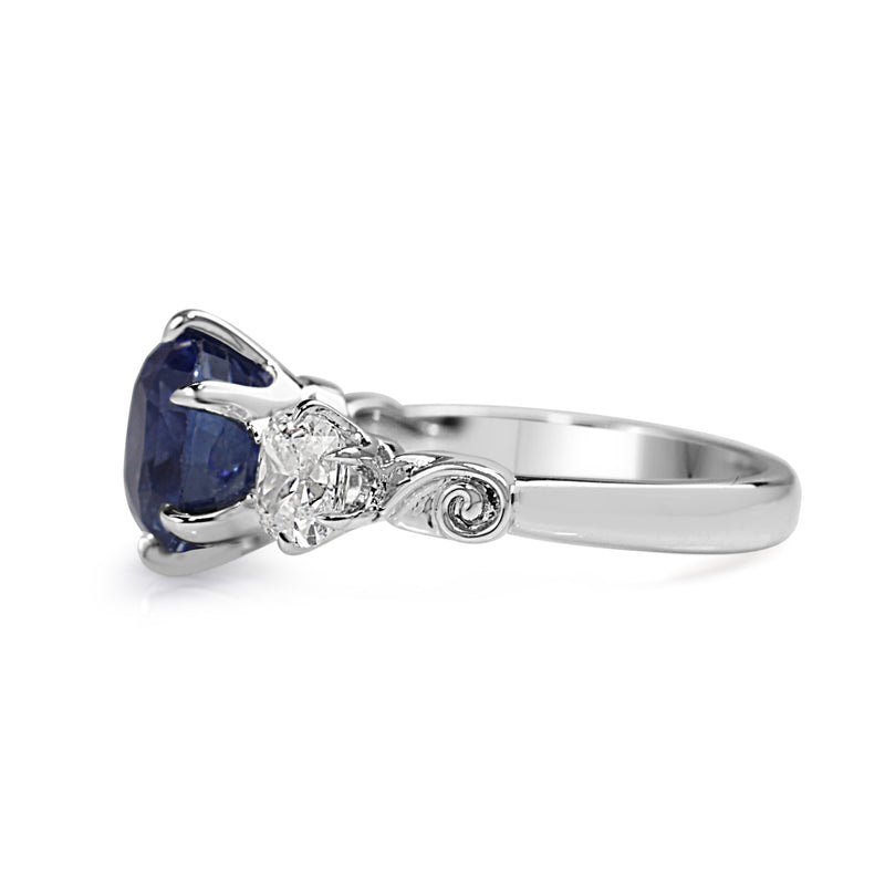 18ct White Gold Victorian Style Sapphire and Cushion Diamond 3 Stone Ring