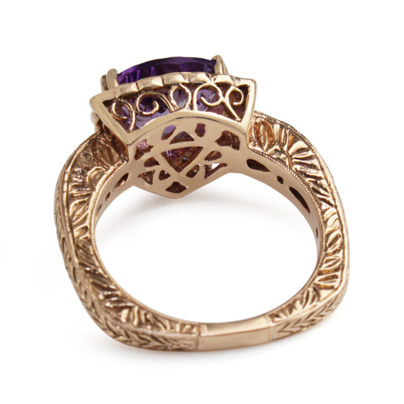 14ct Rose and White Gold Trillion Amethyst and Diamond Halo Ring with Etched Band