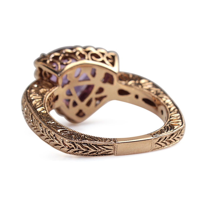 14ct Rose and White Gold Trillion Amethyst and Diamond Halo Ring with Etched Band