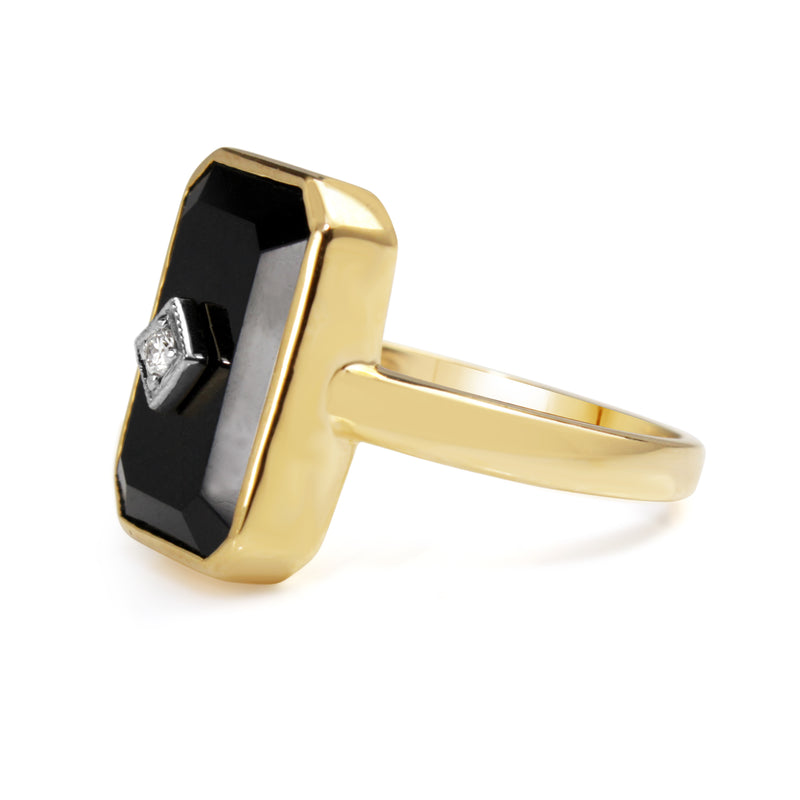 9ct Yellow Gold Large Rectangle Onyx and Diamond Ring