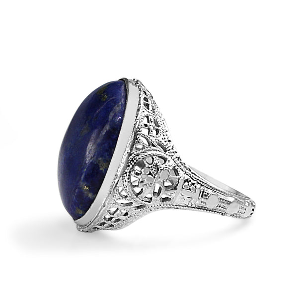 14ct White Gold 1940's Lapis Filigree Ring