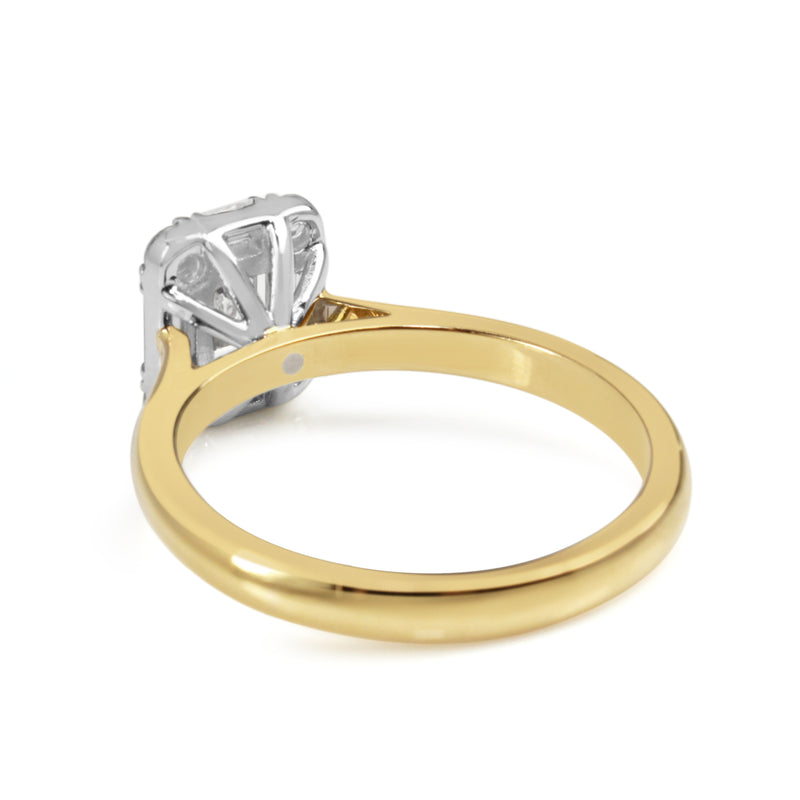 18ct Yellow and White Gold Emerald Cut Halo Diamond Ring