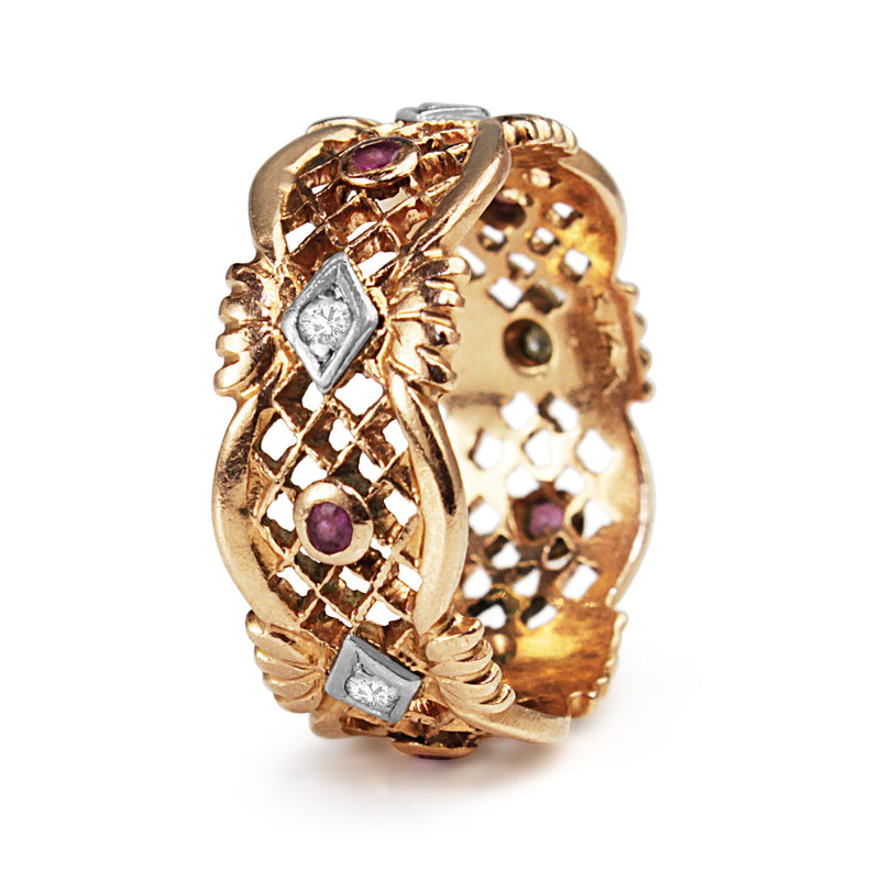 14ct Rose Gold Ruby and Single Cut Diamond Filigree Band Ring