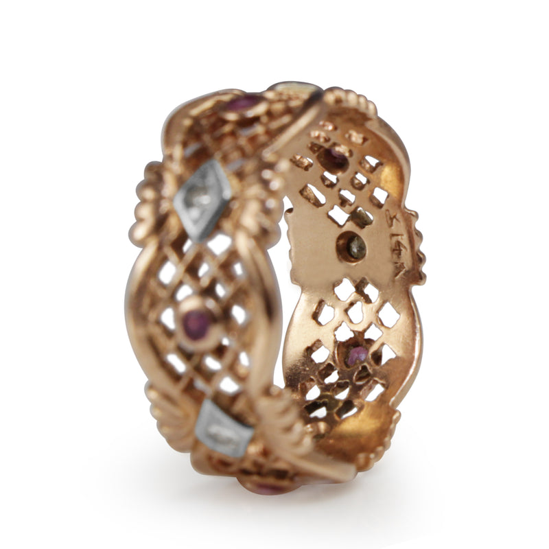 14ct Rose Gold Ruby and Single Cut Diamond Filigree Band Ring