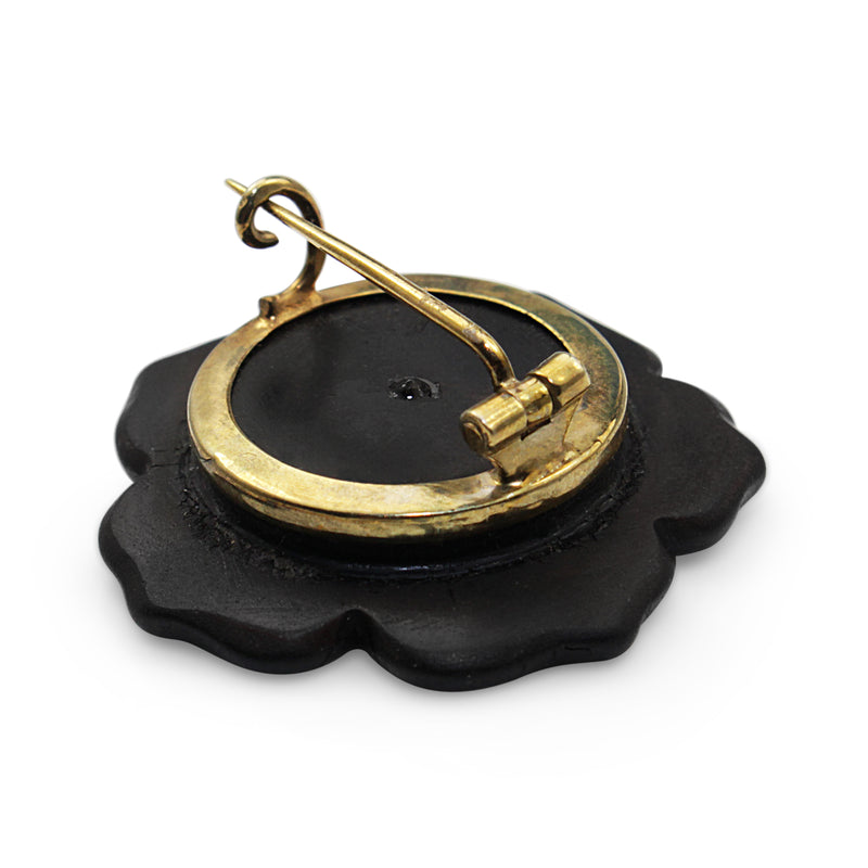 18ct Yellow Gold Deco Onyx and Old Cut Diamond Flower Brooch