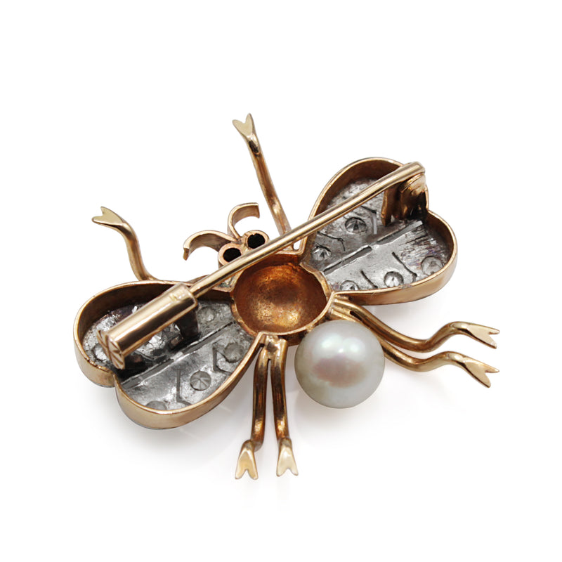14ct Rose Gold Art Deco Pearl, Ruby and Single Cut Diamond Bee / Bug Brooch