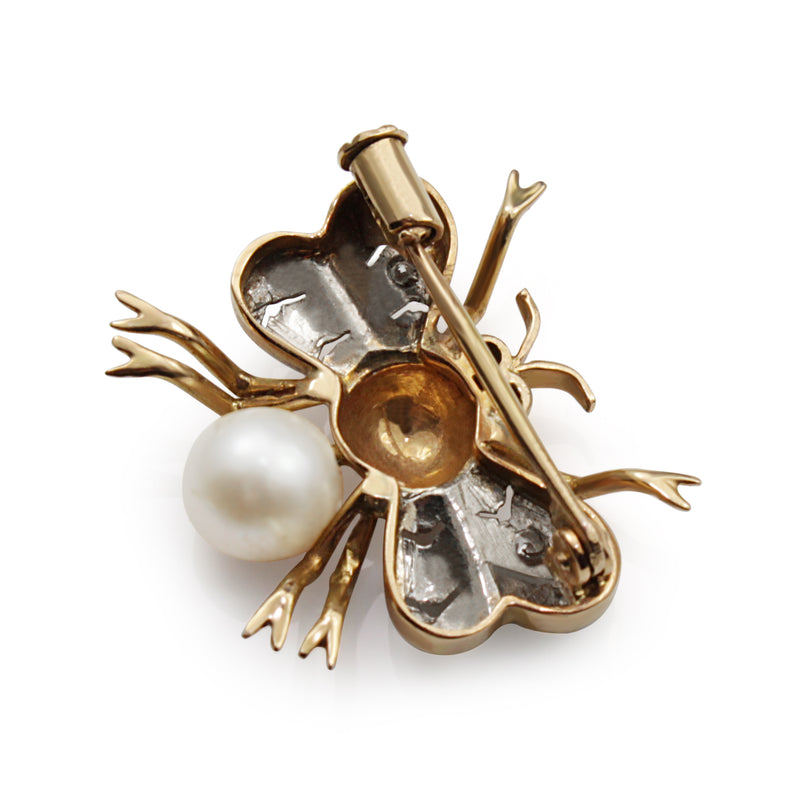 14ct Rose Gold Art Deco Pearl, Ruby and Single Cut Diamond Bee / Bug Brooch
