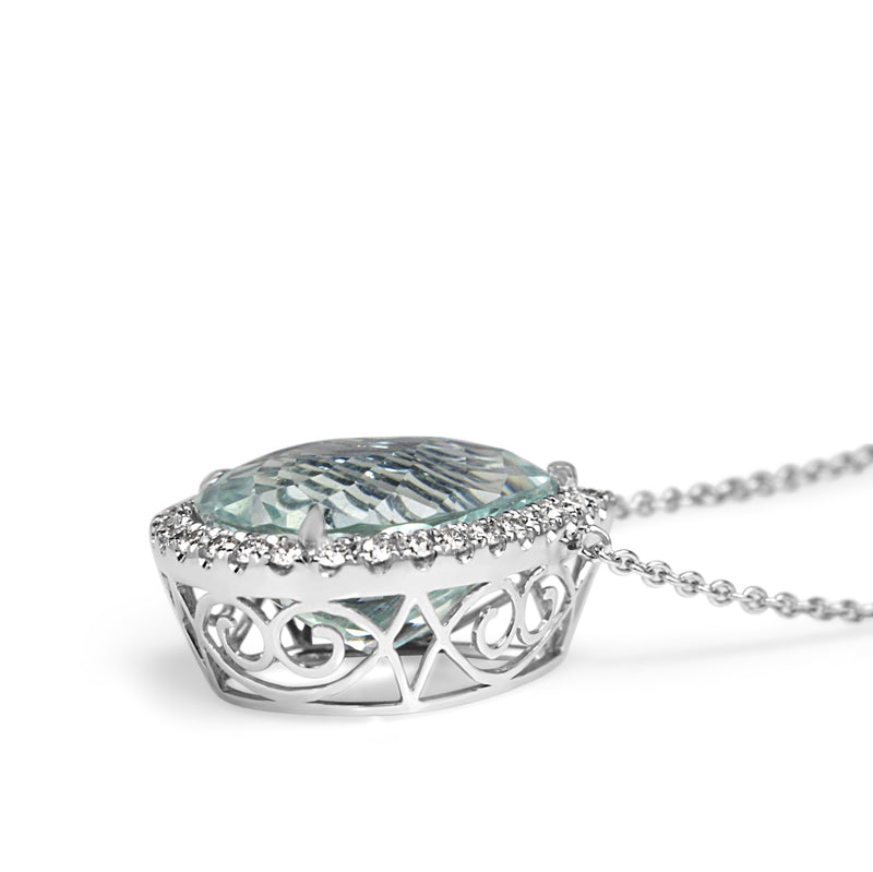 18ct White Gold Pear Aquamarine Halo Necklace