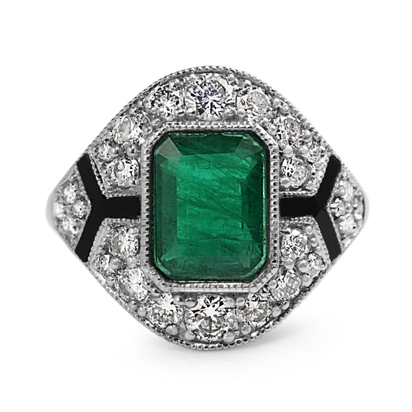 Platinum Emerald, Enamel and Diamond Deco Style Ring
