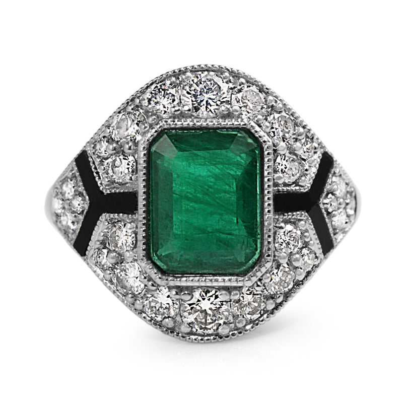 Platinum Emerald, Enamel and Diamond Deco Style Ring