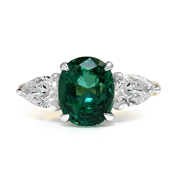 18ct Yellow and White Gold Emerald and Pear Shaped Diamond 3 Stone Ring