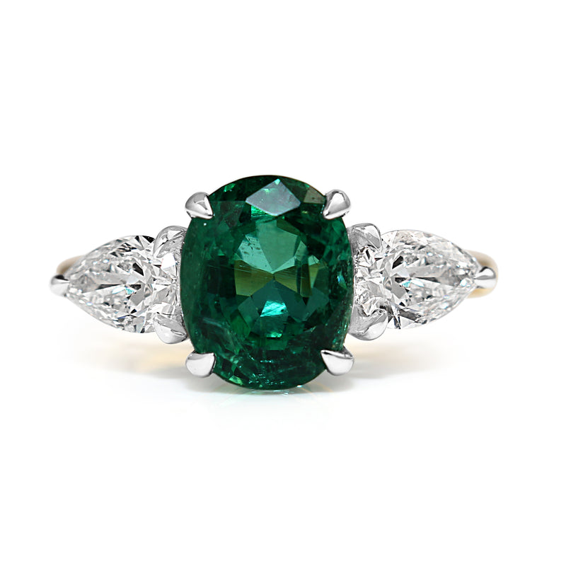 18ct Yellow and White Gold Emerald and Pear Shaped Diamond 3 Stone Ring