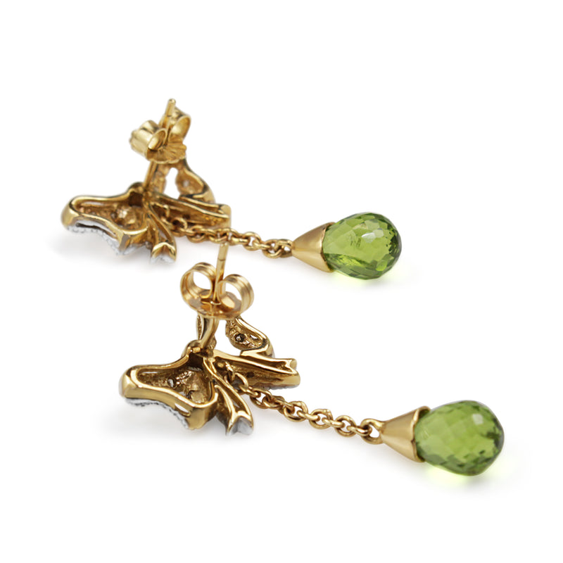 14ct Yellow and White Gold Peridot and Old and Rose Cut Diamond Bow Earrings