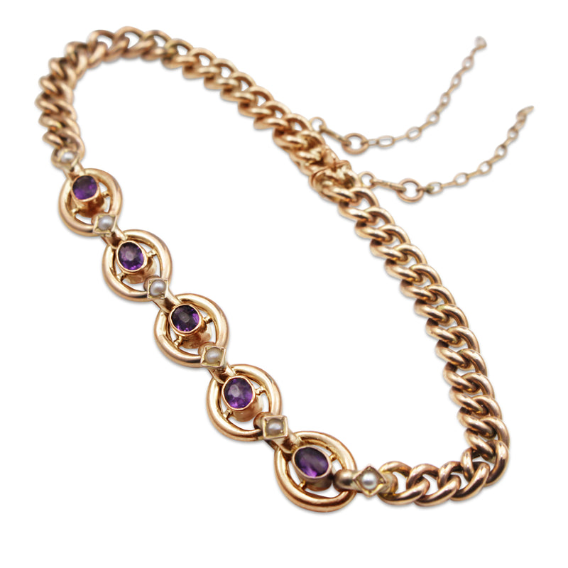 9ct Rose Gold Antique Amethyst and Seed Pearl Bracelet